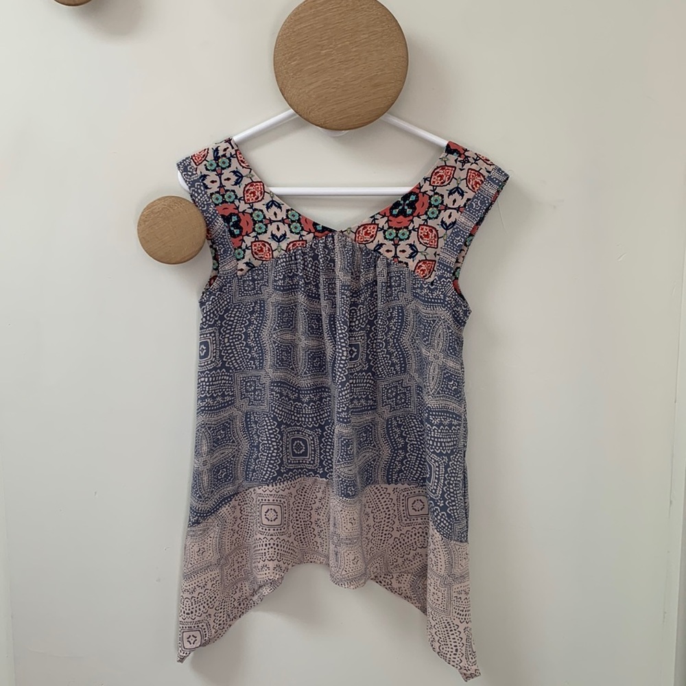 Knox Rose Sharkbite Blouse Blue & White with Boho Print at top and sheer bottom